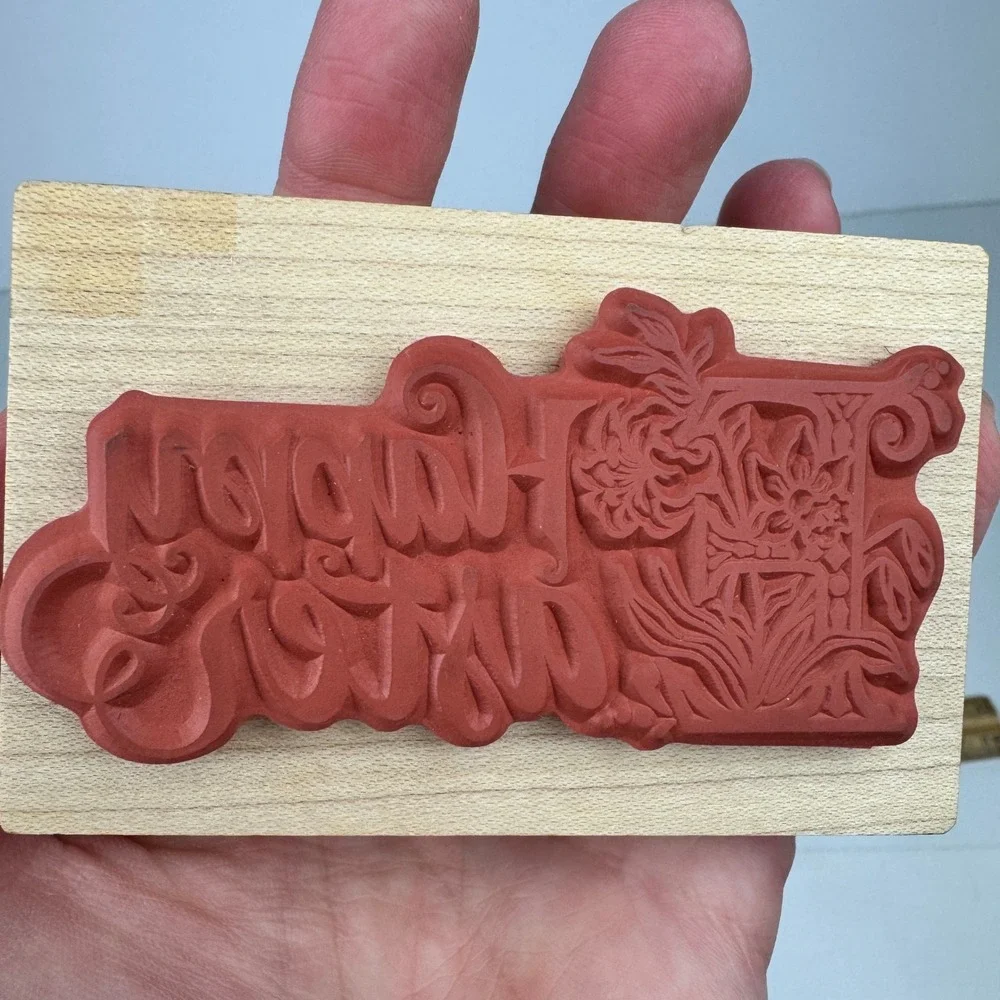 Vtg 1994 PSX Happy Easter Rubber Stamp Cursive Craft Floral Calligraphy USA Made
